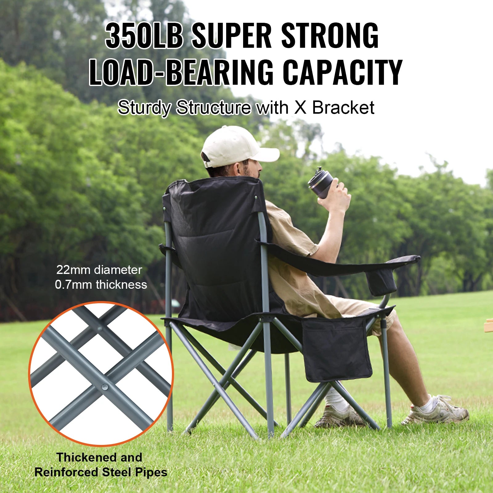 Portable Camping Chair with Lumbar Support - Heavy-Duty Folding Quad Chair