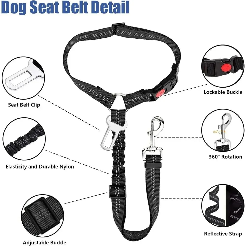 2-in-1 Dog Car Seatbelt Headrest Restraint Adjustable Reflective Pet Safety.