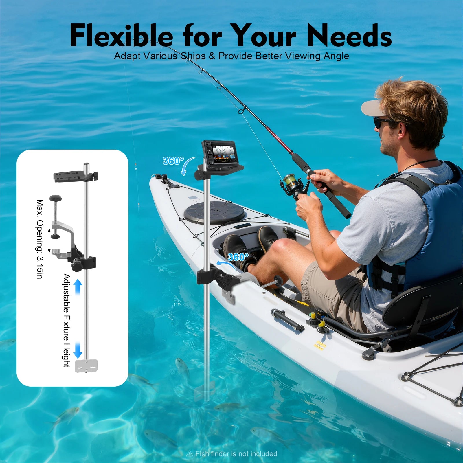 Portable Transducer Mount Universal 360° Adjustable Rotating Fish Finder Mount.