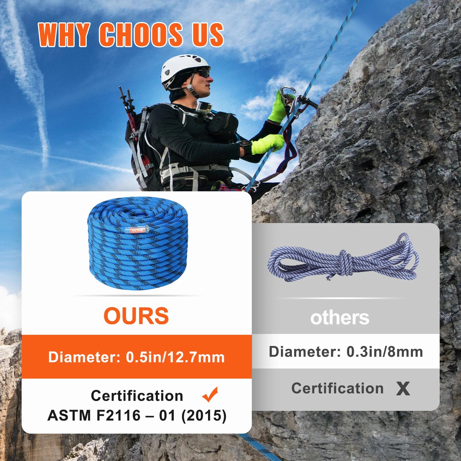 VEVOR 12.7mm Static Climbing Rope 125/150/200ft Outdoor Rock Climbing Rope 30KN.