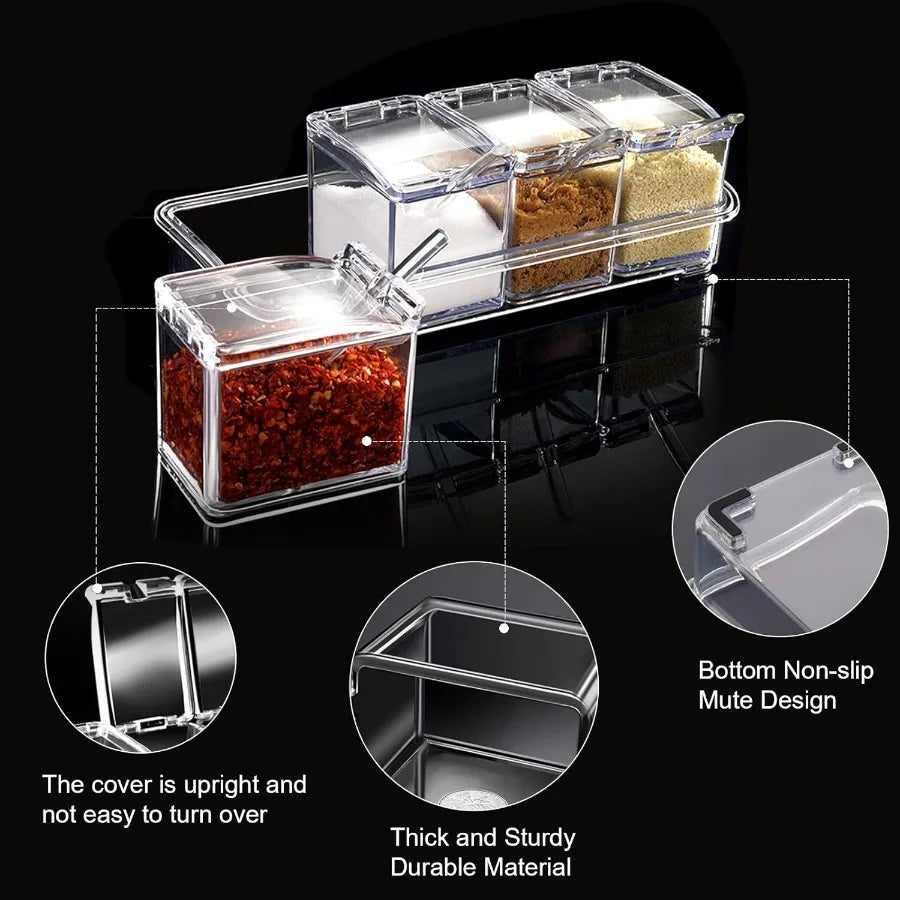 Acrylic Kitchen Spice Pots, 4 Piece Clear Seasoning Box Set.