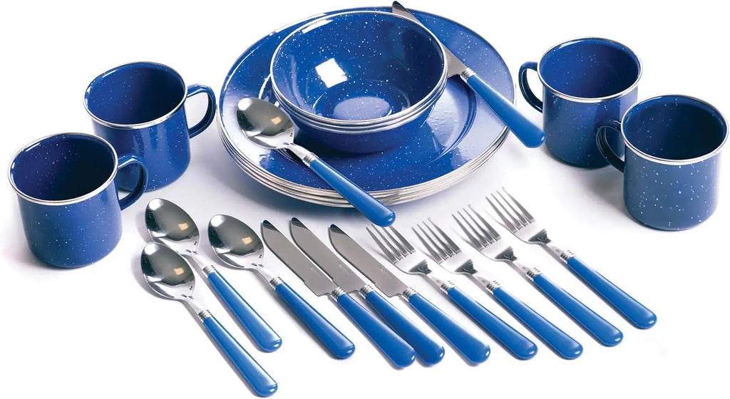 24-Piece Enamel Tableware Set for Camping & Backpacking.