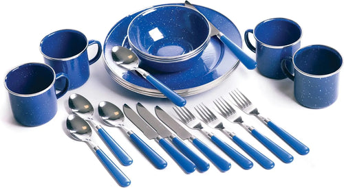 24-Piece Enamel Tableware Set for Camping & Backpacking.