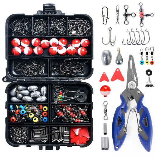 263 piece fishing accessories kit laid out with hooks sinkers and bobbers