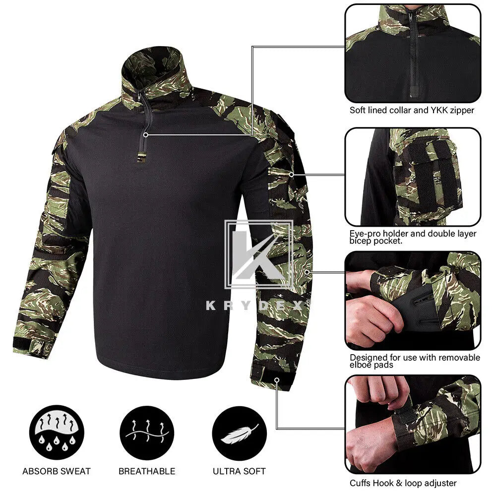 KRYDEX Camouflage Combat Uniform Clothing Hunting Hiking Tactical Shirt & Pants Suit Tiger Stripe Camo