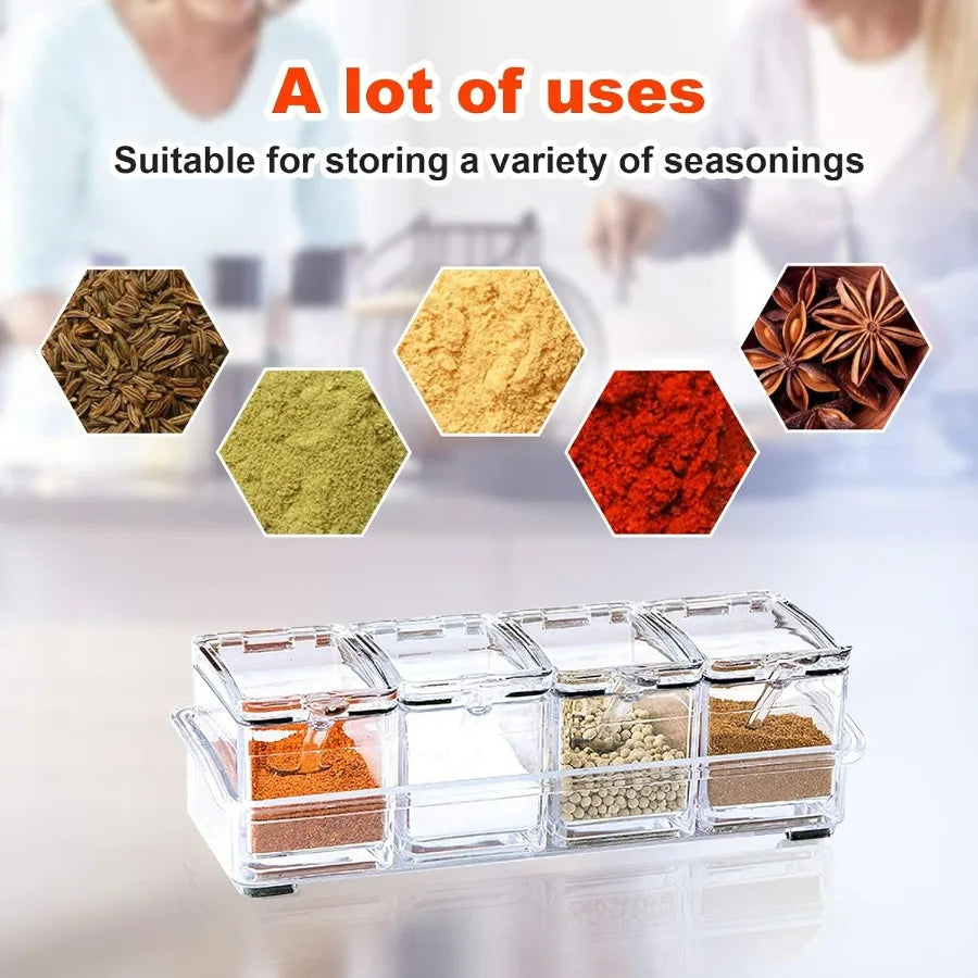 Acrylic Kitchen Spice Pots, 4 Piece Clear Seasoning Box Set.