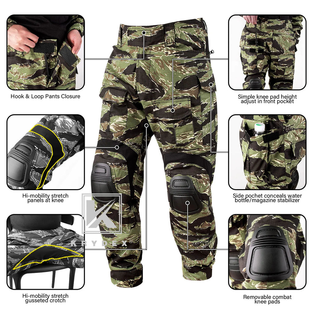 KRYDEX Camouflage Combat Uniform Clothing Hunting Hiking Tactical Shirt & Pants Suit Tiger Stripe Camo