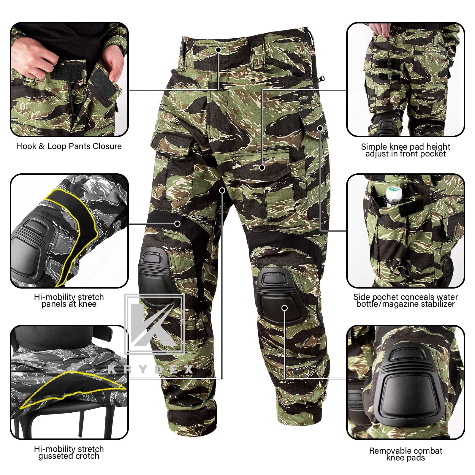 KRYDEX Camouflage Combat Uniform Clothing Hunting Hiking Tactical Shirt & Pants Suit Tiger Stripe Camo