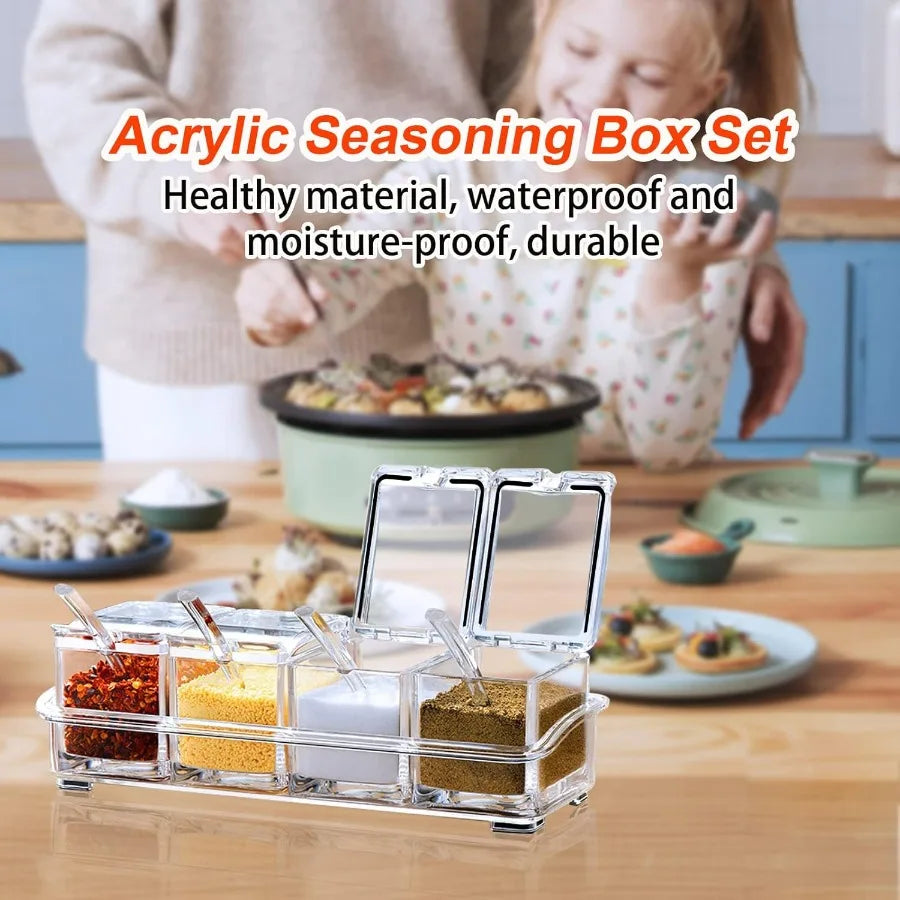 Acrylic Kitchen Spice Pots, 4 Piece Clear Seasoning Box Set.