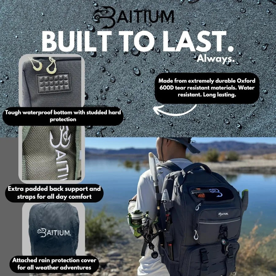 Baitium Fishing Backpack Tackle Bag With Rod Holders 40L Capacity With Cooler Rain.