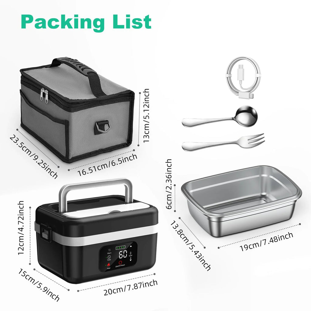 Wireless Electric Insulated Lunch Box - Built-in 8000mAh Battery, 60W Heating Lunch Box.