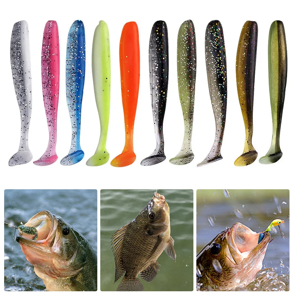 10Pcs 9cm Fishing Lures T Tail Worm Soft Bait Plastic Paddle.