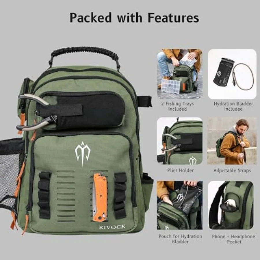 Fishing Tackle Backpack with Rod Holder for Outdoor Adventures: 2 Tackle Boxes.