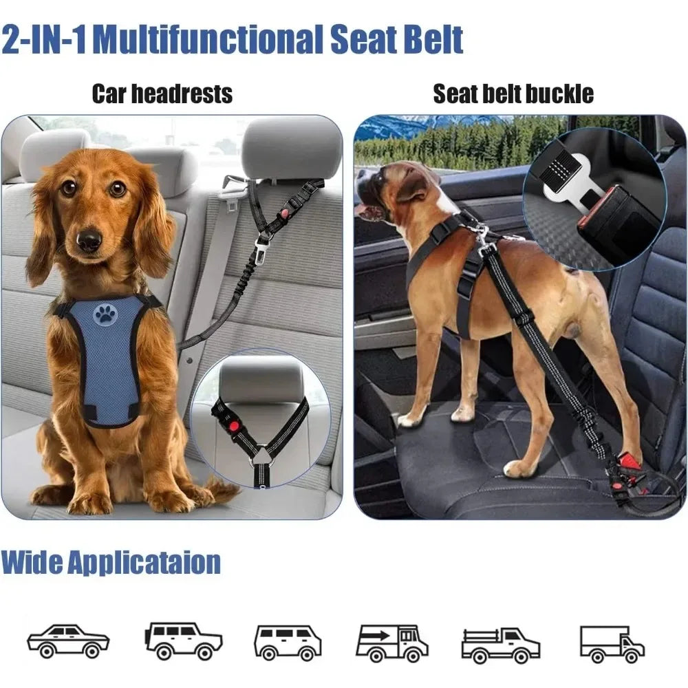 2-in-1 Dog Car Seatbelt Headrest Restraint Adjustable Reflective Pet Safety.