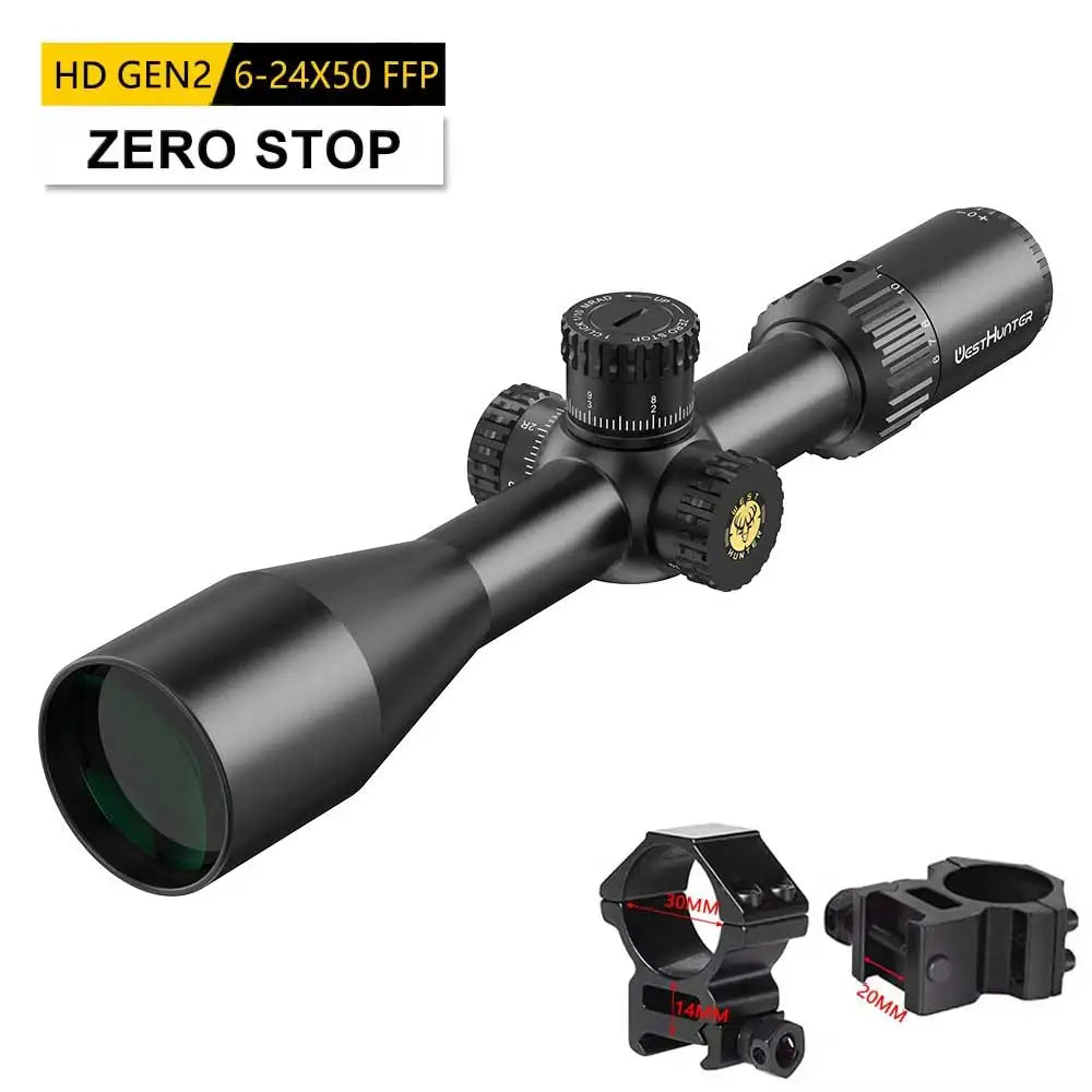 WestHunter HD GEN2 6-24X50 FFP Riflescope 1/10 MIL First Focal Plane Etched Glass.