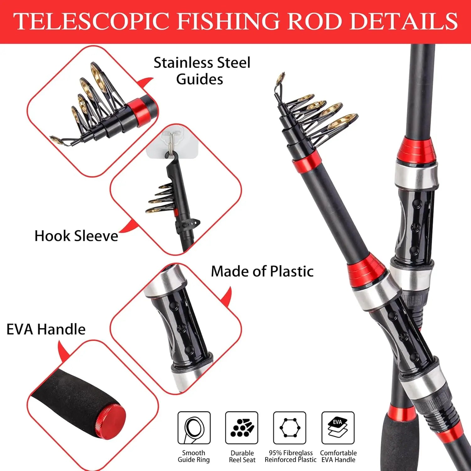 Telescopic Fishing Rod and Reel Combo - Portable Spinning Set with Fiberglass Pole