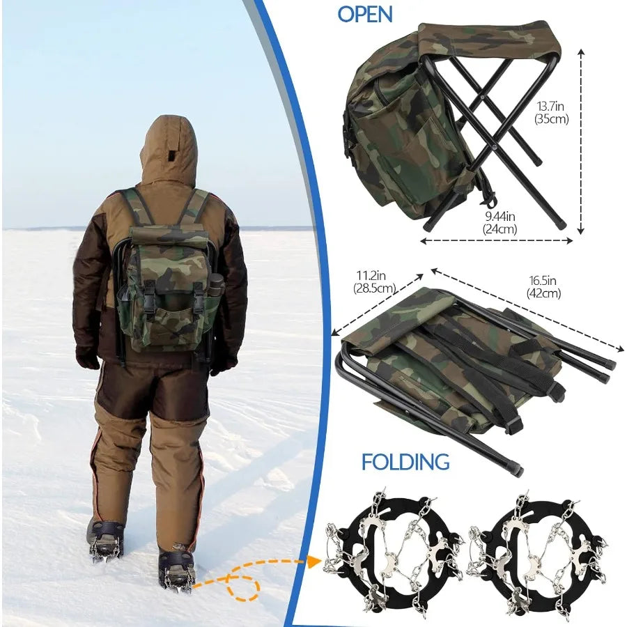 Complete Ice Fishing Kit with Reel Combo Backpack Seat Ice Cleats Jigs.