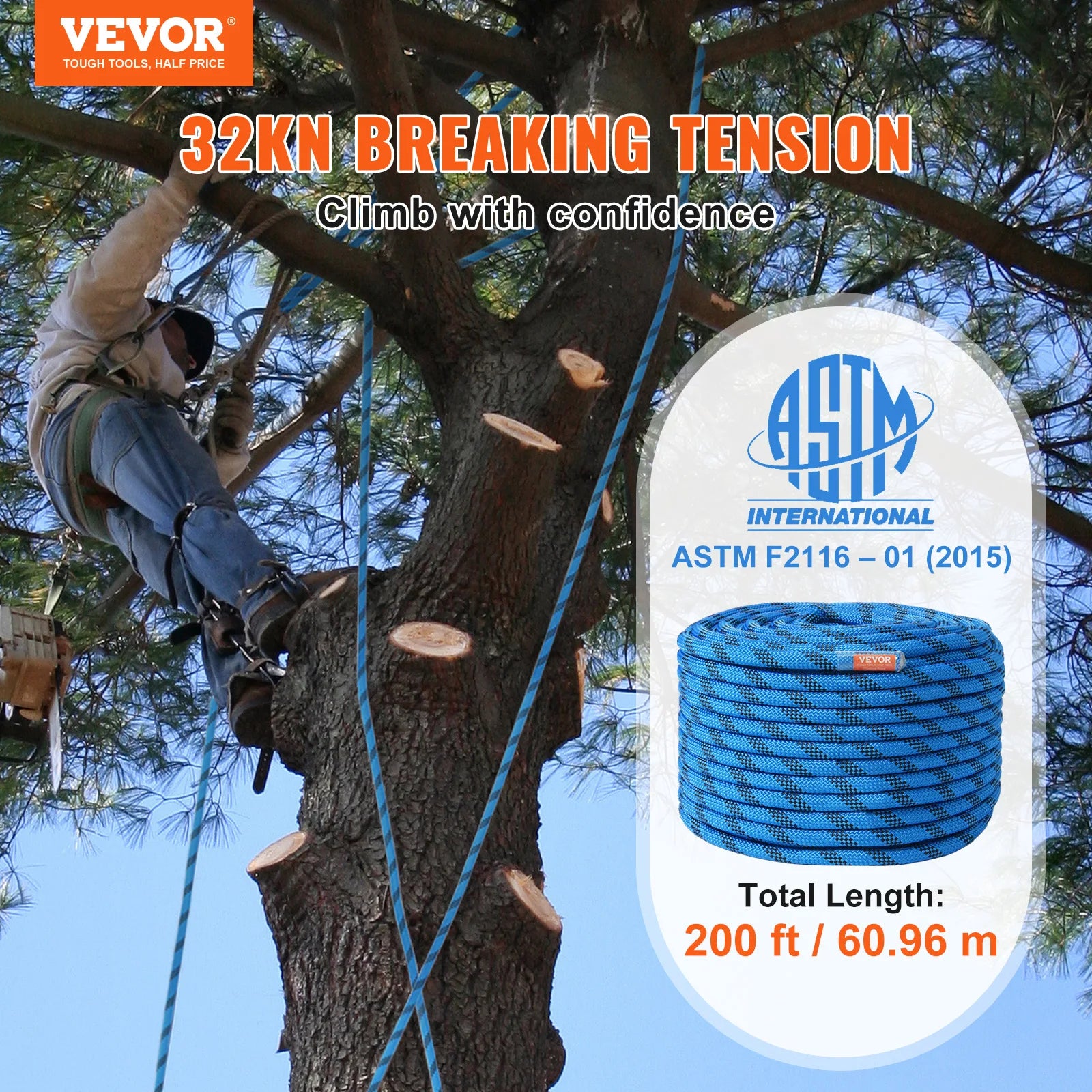 VEVOR 12.7mm Static Climbing Rope 125/150/200ft Outdoor Rock Climbing Rope 30KN.