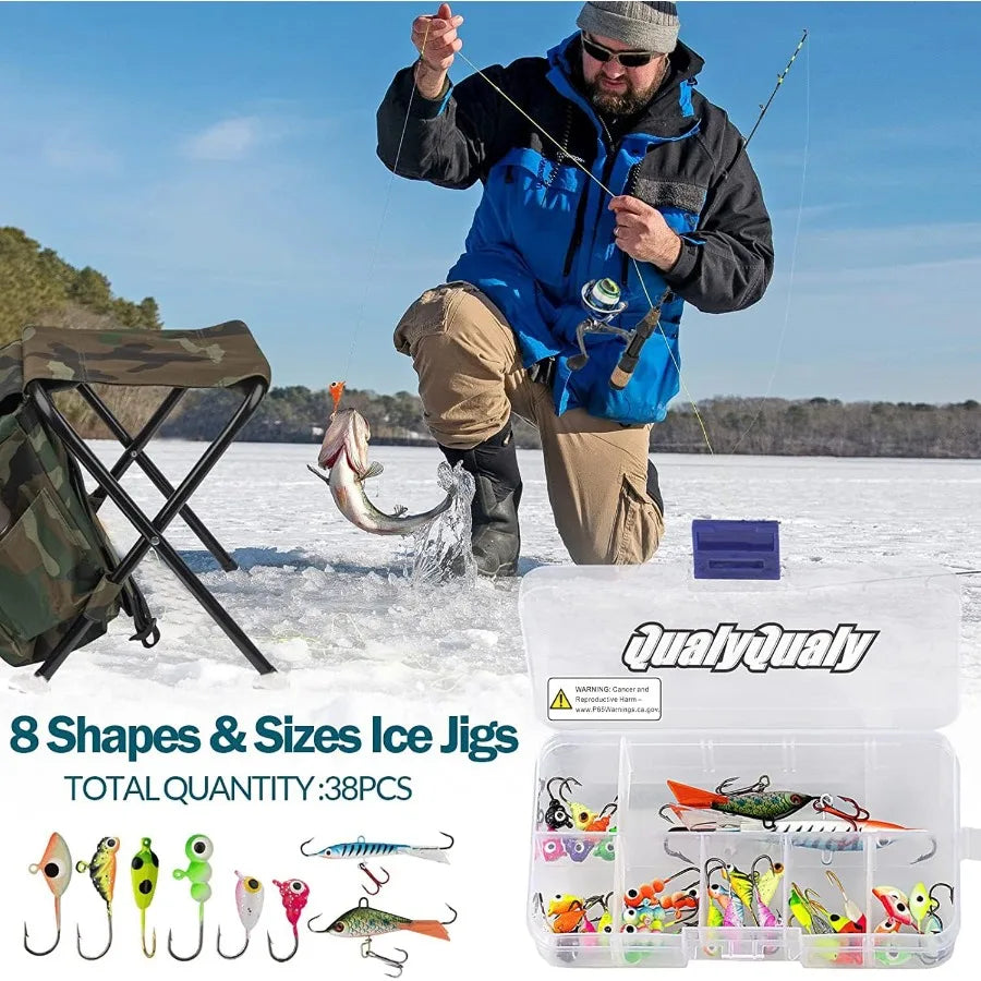 Complete Ice Fishing Kit with Reel Combo Backpack Seat Ice Cleats Jigs.