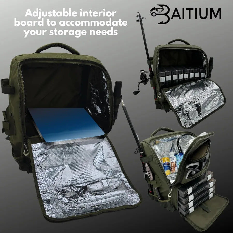 Baitium Fishing Backpack Tackle Bag With Rod Holders 40L Capacity With Cooler Rain.