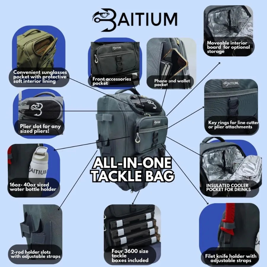Baitium Fishing Backpack Tackle Bag With Rod Holders 40L Capacity With Cooler Rain.