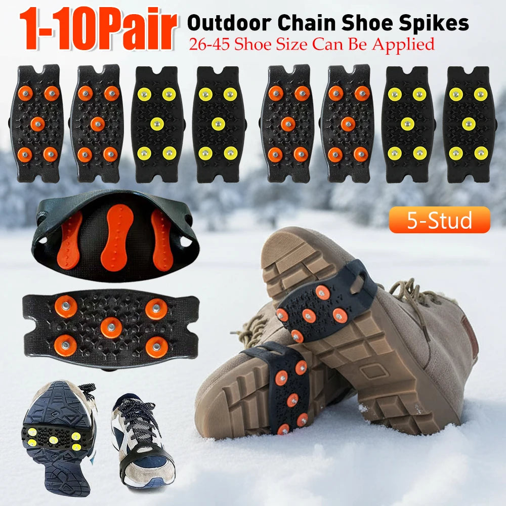 1-10Pair 5-Stud Anti Slip Crampons Snow Claw Shoe.