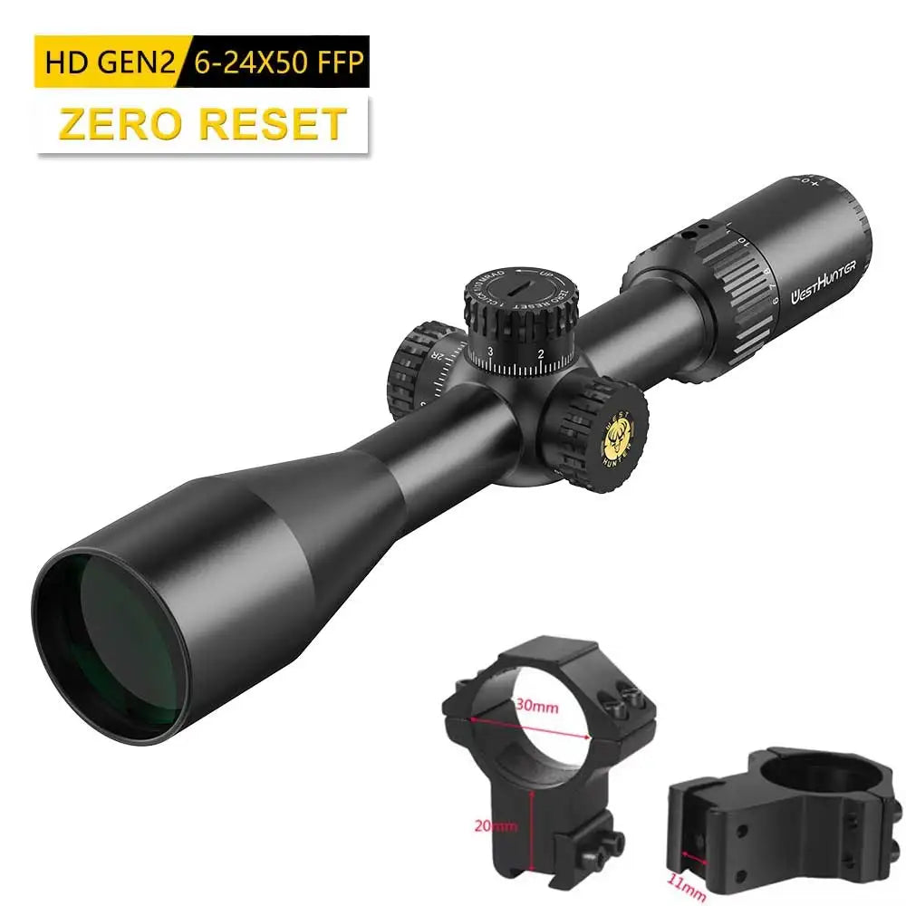 WestHunter HD GEN2 6-24X50 FFP Riflescope 1/10 MIL First Focal Plane Etched Glass.