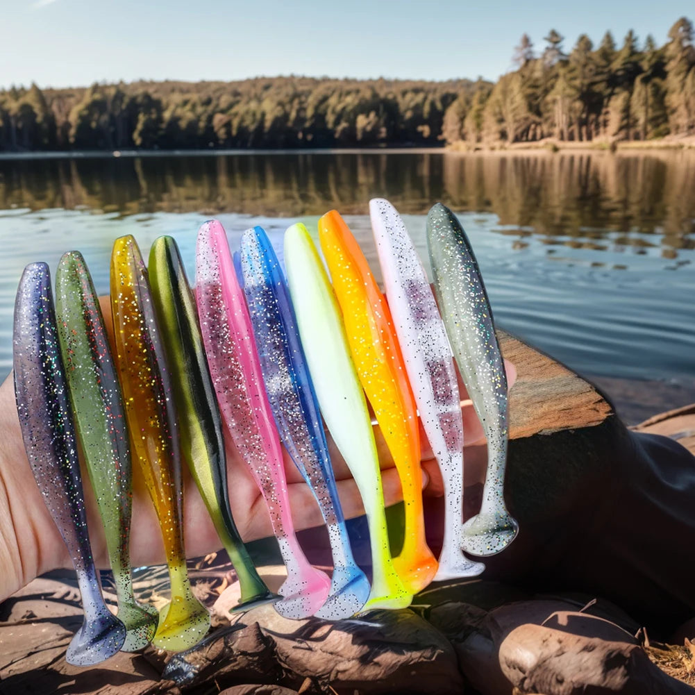 10Pcs 9cm Fishing Lures T Tail Worm Soft Bait Plastic Paddle.