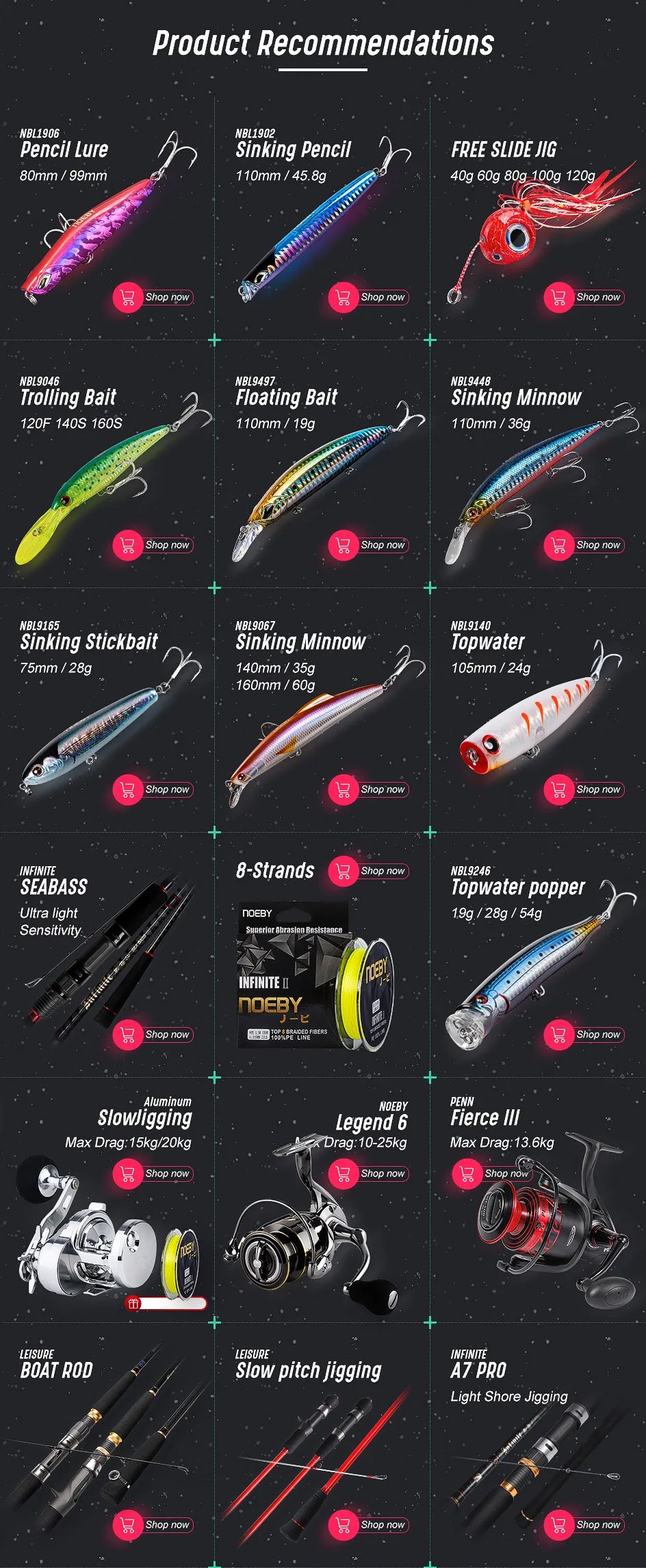 NOEBY  2.6m 2.75m 3.05m Stickbait Surf Spinning Rod 2 Section.