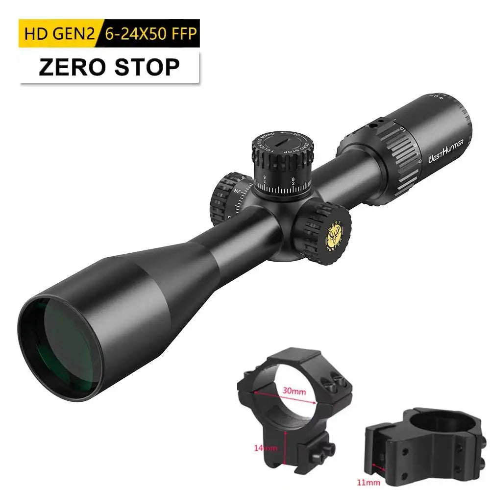 WestHunter HD GEN2 6-24X50 FFP Riflescope 1/10 MIL First Focal Plane Etched Glass.