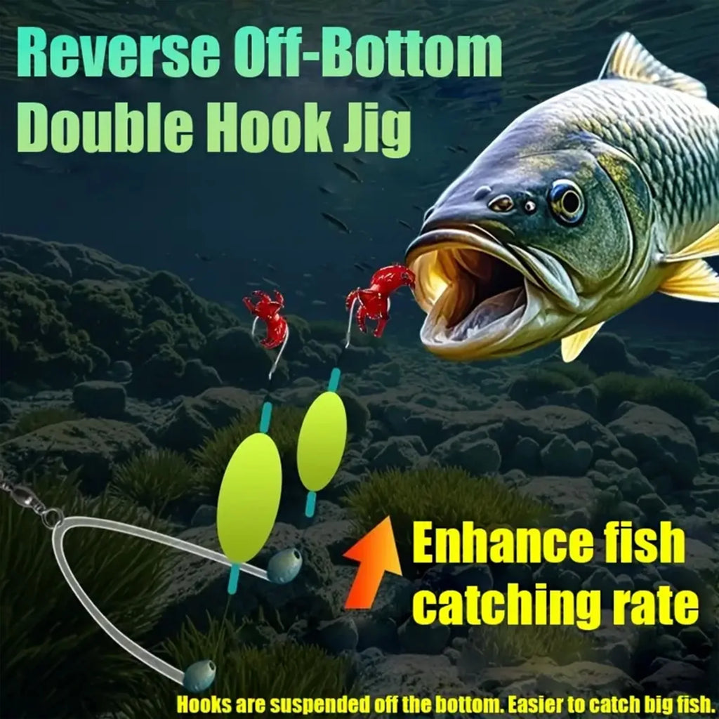 10PCS Buoyant Fishing Hooks Kit Double Hook Reverse Suspended Euro Rig with Golden Sleeve for Bass Trout Saltwater Fishing