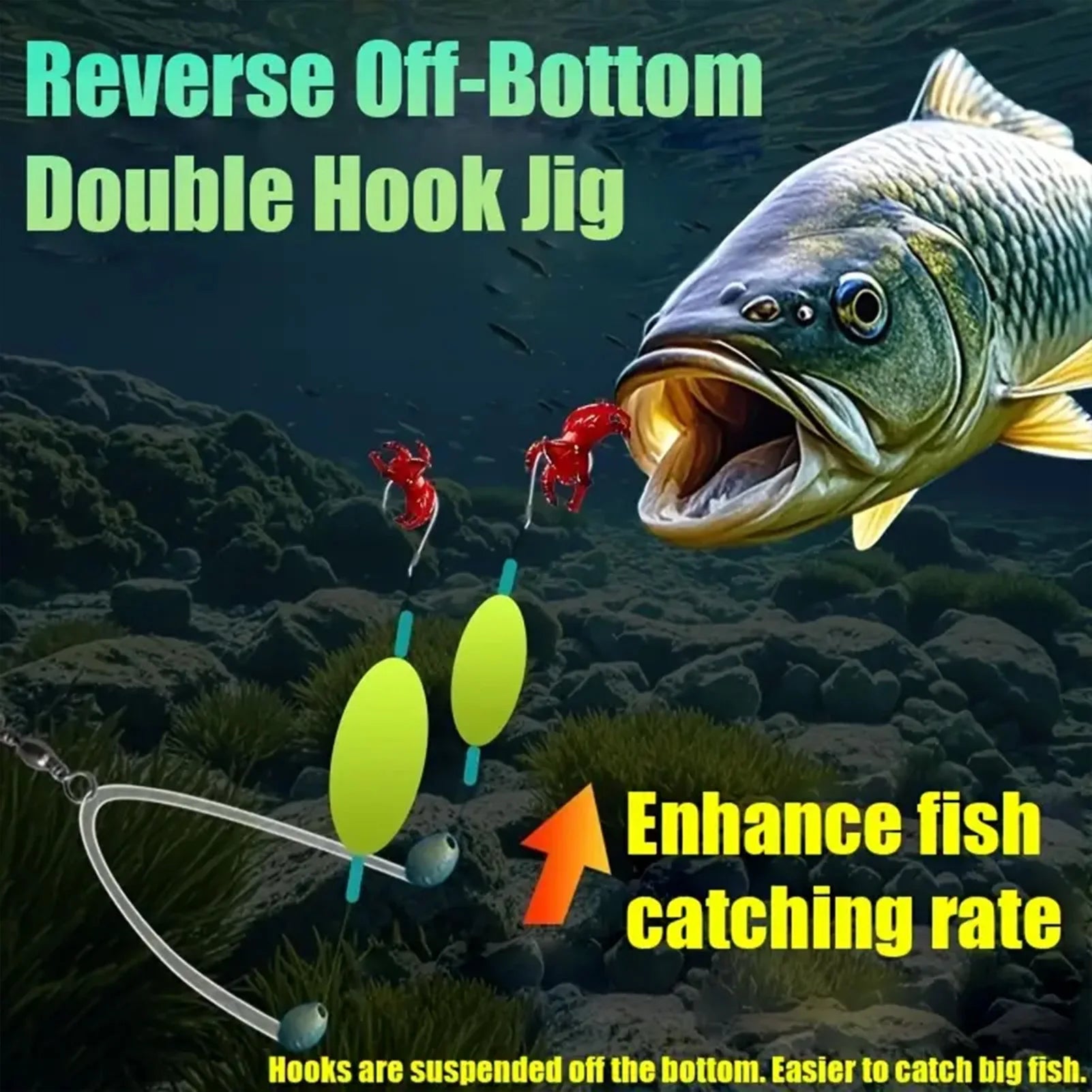 10PCS Buoyant Fishing Hooks Kit Double Hook Reverse Suspended Euro Rig with Golden Sleeve for Bass Trout Saltwater Fishing