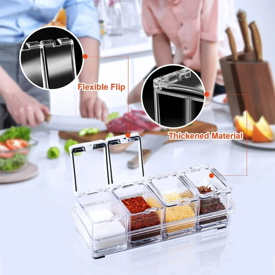 Acrylic Kitchen Spice Pots, 4 Piece Clear Seasoning Box Set.