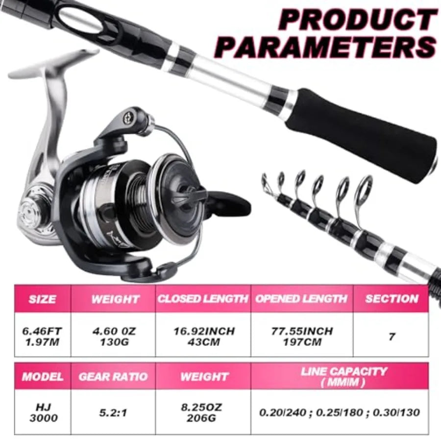 2PCS Telescopic Fishing Rods and Reels Combo Set 6.89ft Spinning Reel Lures Accessories with Storage Bag