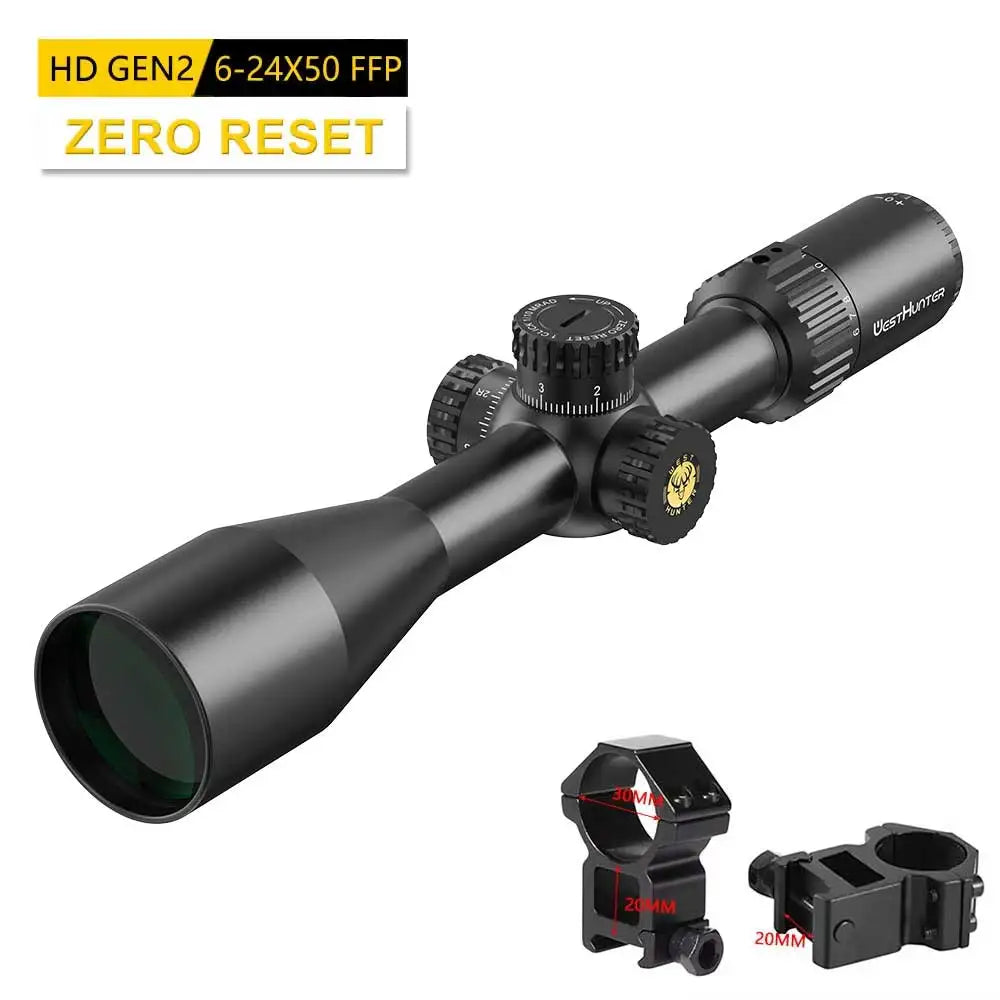 WestHunter HD GEN2 6-24X50 FFP Riflescope 1/10 MIL First Focal Plane Etched Glass.