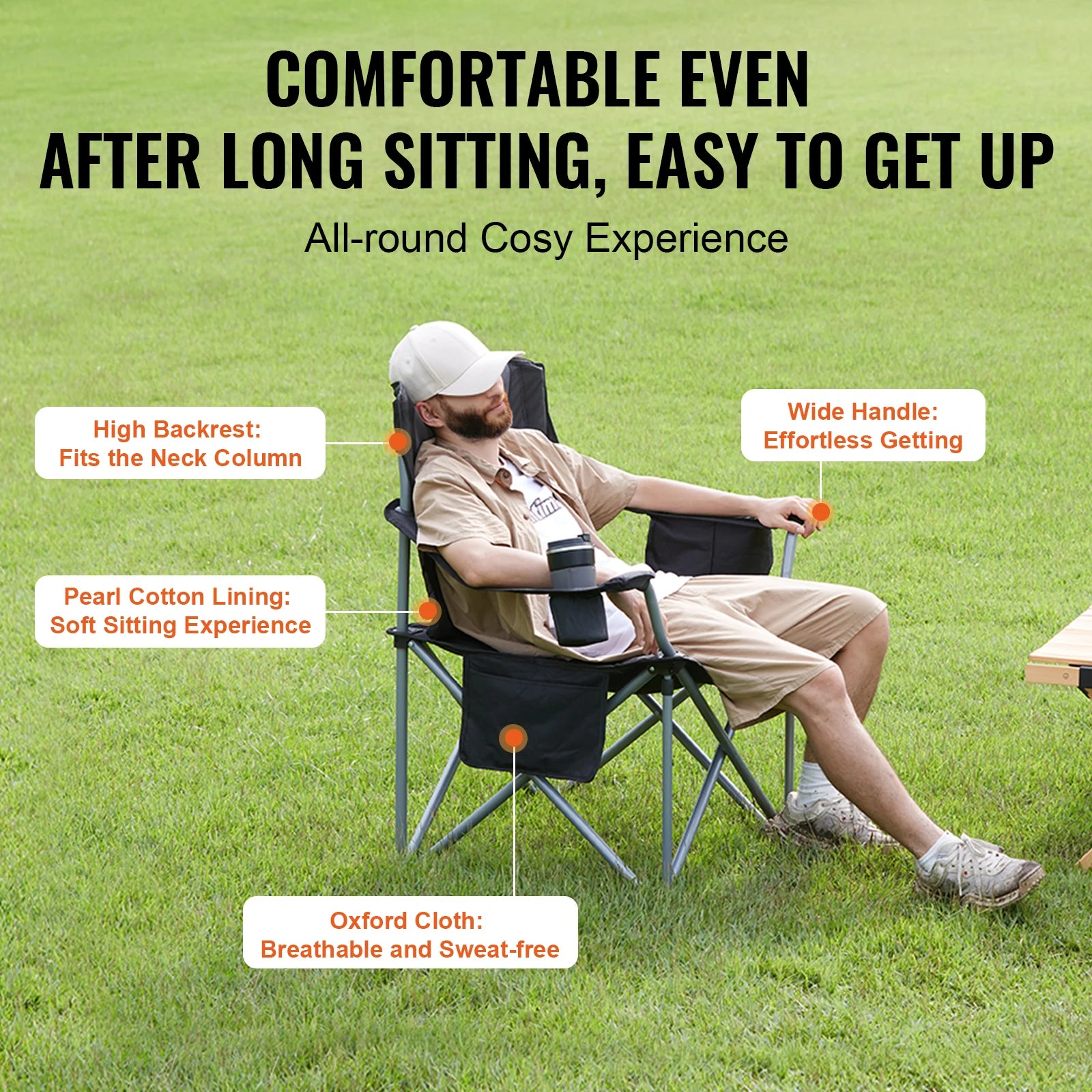 Portable Camping Chair with Lumbar Support - Heavy-Duty Folding Quad Chair