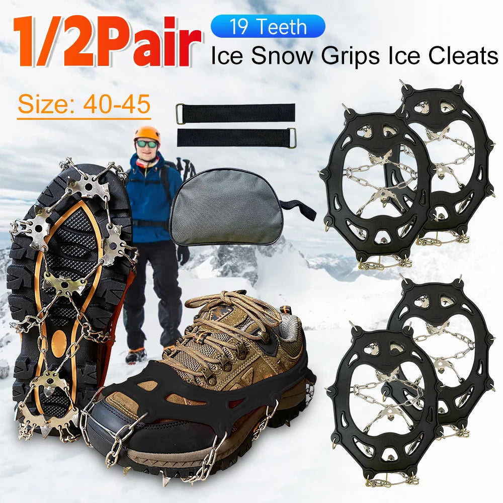 1/2Pair 19 Teeth Snow Spikes Crampons Anti Slip Ice Gripper.
