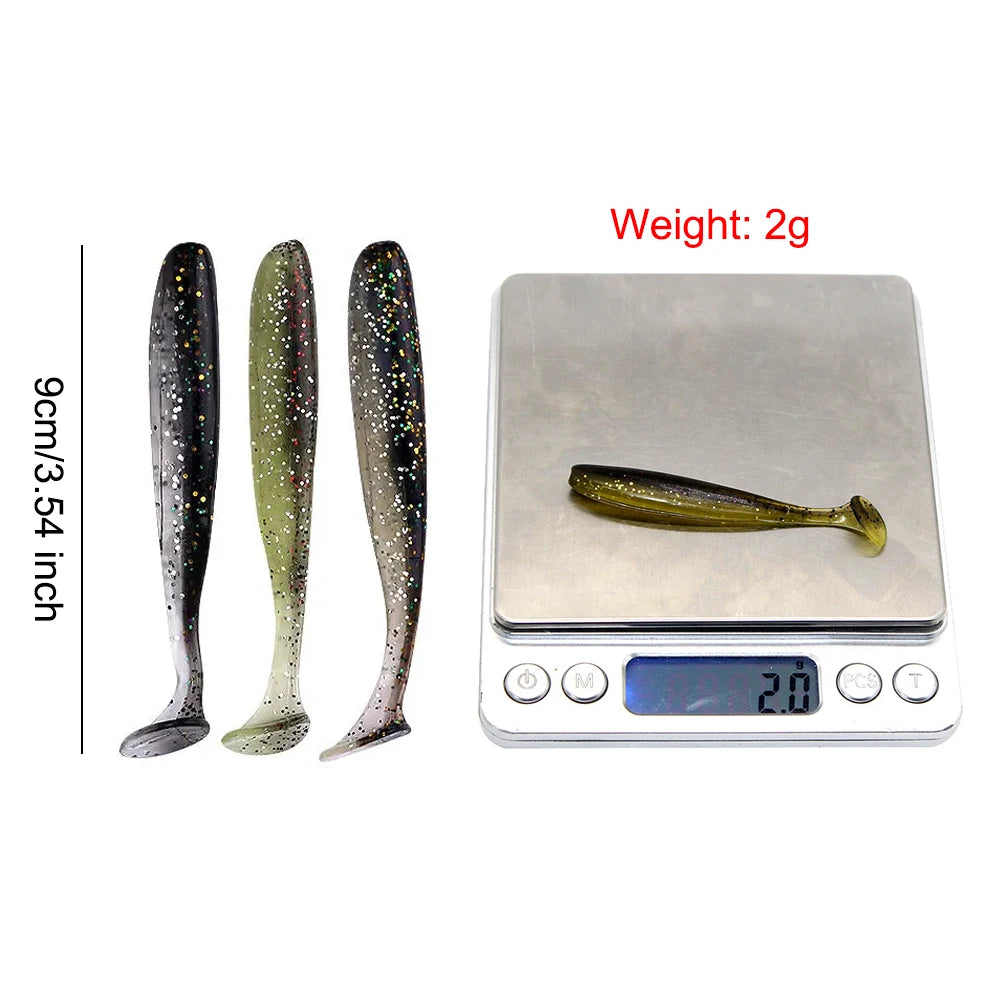 10Pcs 9cm Fishing Lures T Tail Worm Soft Bait Plastic Paddle.