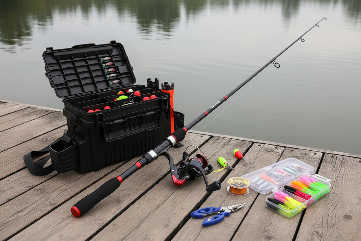 LTW Grab & Go Spin Kit — Telescopic Rod, Tackle Box and Swimbaits on dock